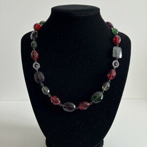 Chaps Faceted Glass Bead Necklace 16" Red Green Purple Gunmetal Tone